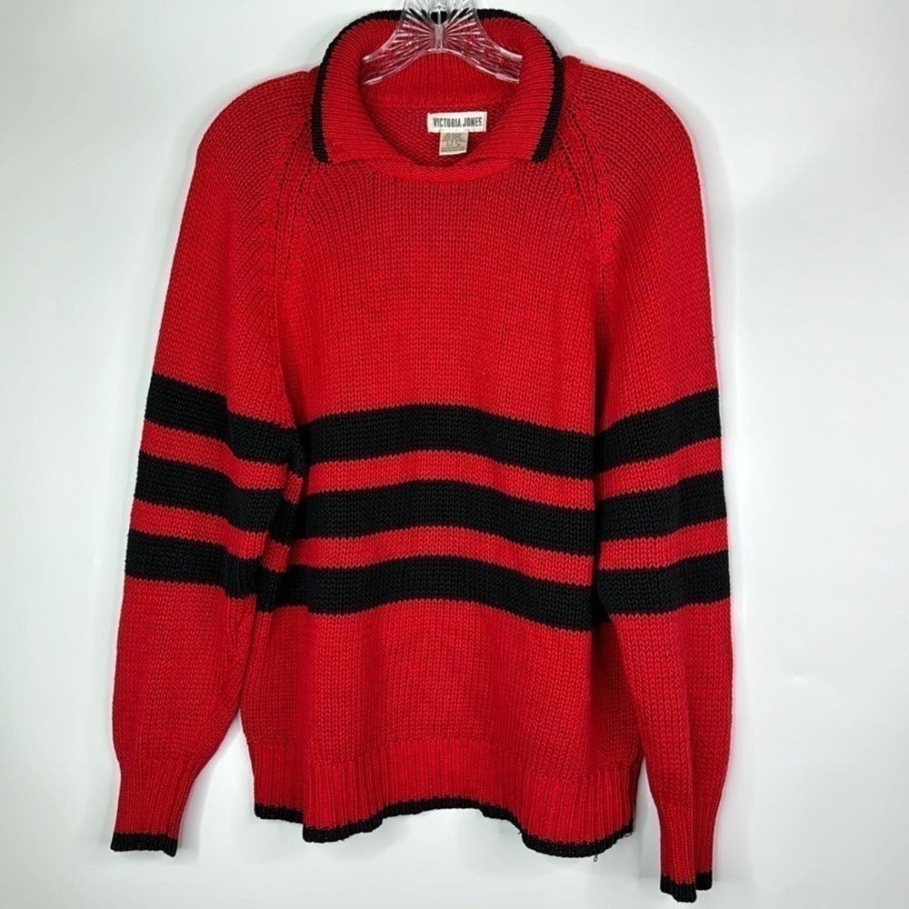 Vintage Victoria Jones Red Black Striped Henley Sweater Size Medium